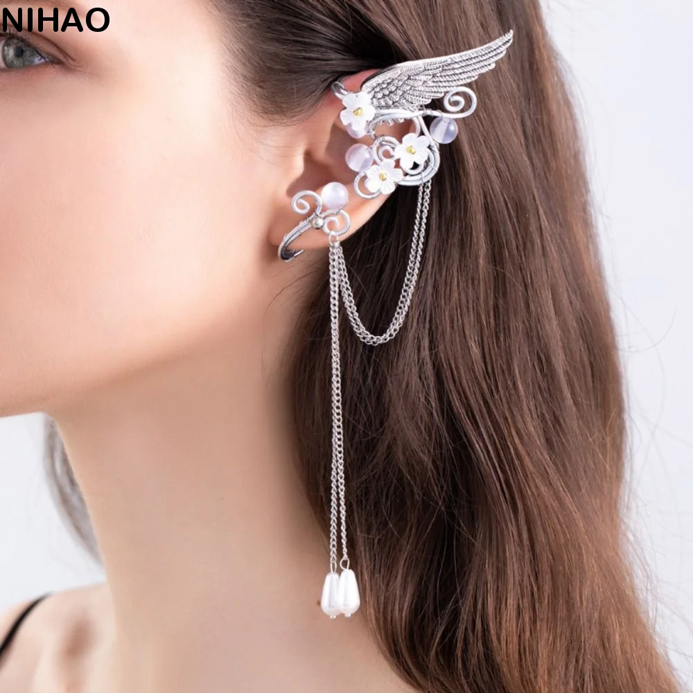 Left Ear Right Ear Alloy Elf Ear Clip Elf Ear Crystal Wings Ear Cuff Single Side Earrings Jewelry Accessories Ear Hook Party
