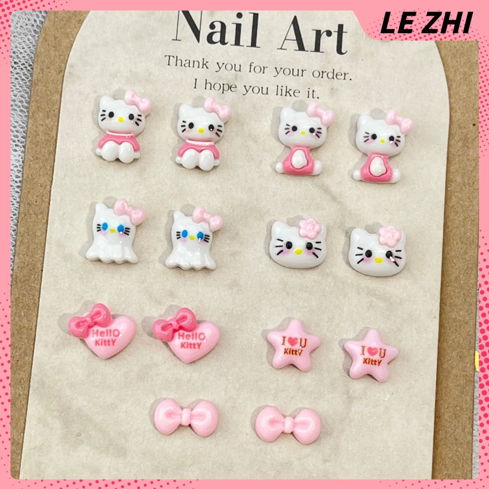 20Pcs Pink Love Bow Star Ghost Full-Body Hello Kitty Nail Art Charm 3D Diy Handmade Nail Accessories Party Sticker Decoration