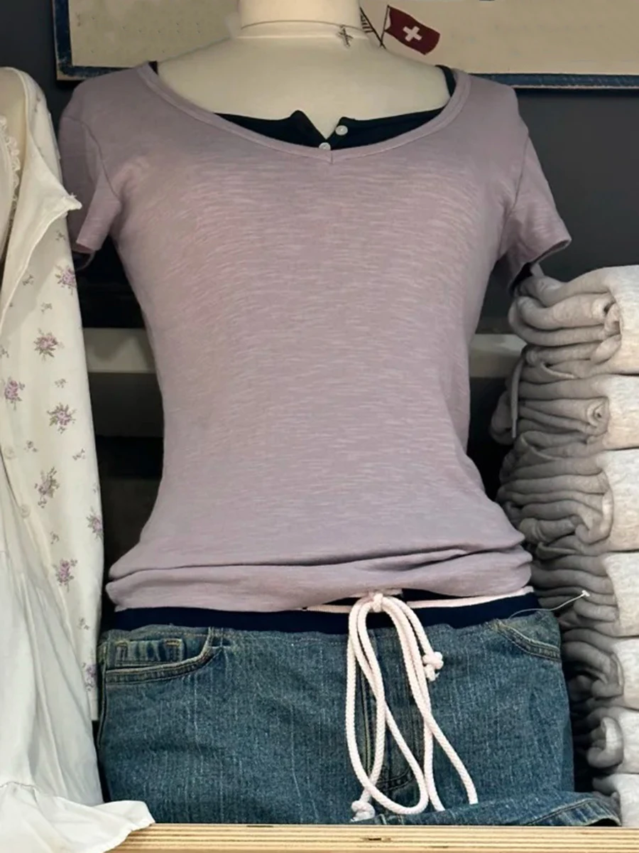 الأرجواني الخامس الرقبة القطن سليم تي شيرت المرأة الصيف الشارع الشهير الأساسية قصيرة الأكمام تيز الحلو لطيف نمط Preppy بلايز جديد بلايز