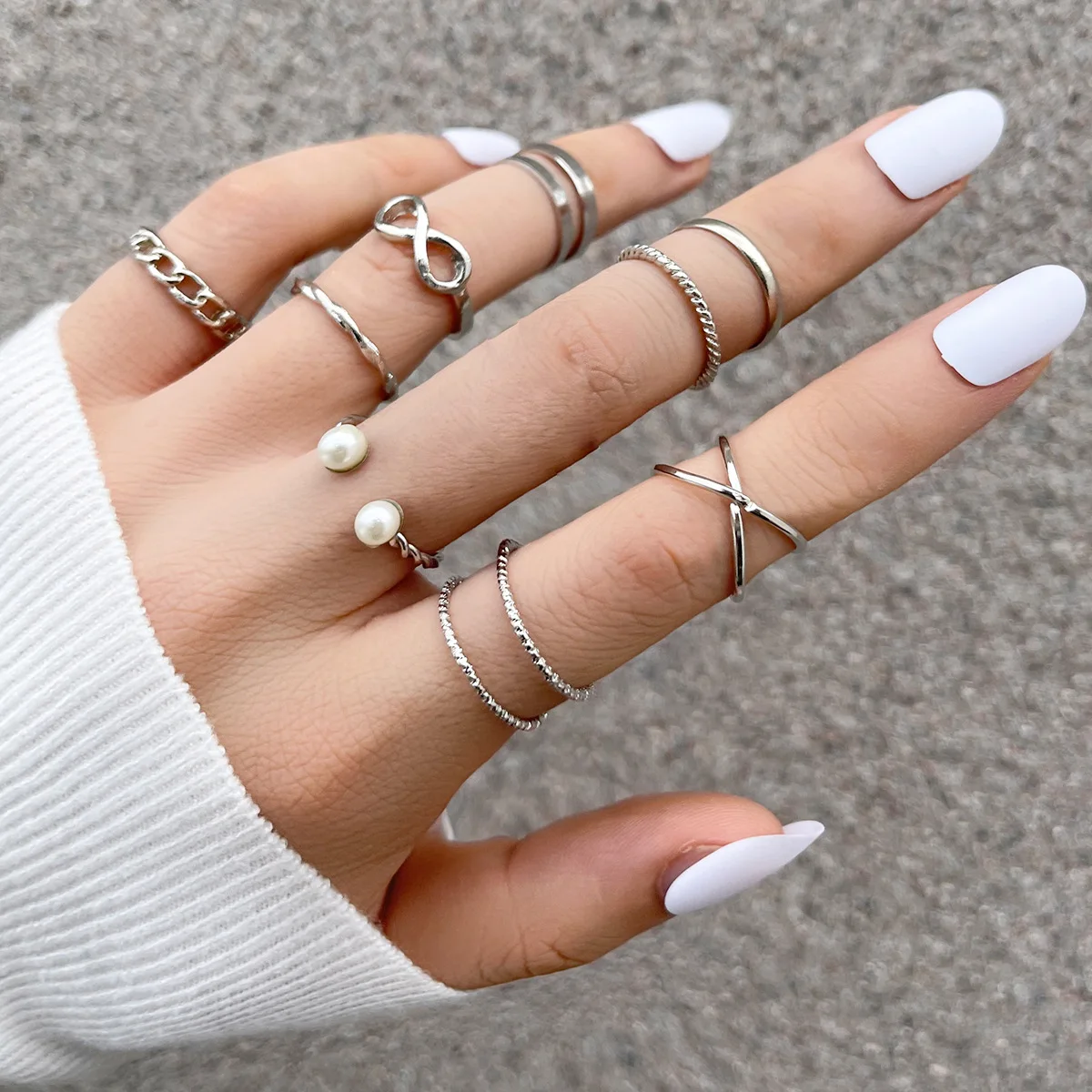 2023 New Punk 9 Piece Set Rings for Men Women Temperament Pearl Open Boy Girl Ring Birthday Jewelry Gifts Accessory