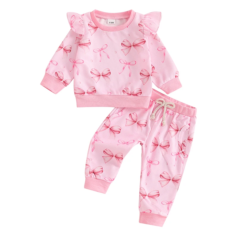 

Toddler Girls Fall Outfits Bow Print Long Sleeve Sweatshirt and Elastic Pants Set Baby Cute 2 Piece Clothes