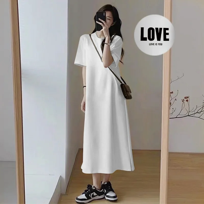 Women Plus Size LOVE Print Casual Maxi Dress Side Split Short Sleeve O-neck Loose T-shirt Dress