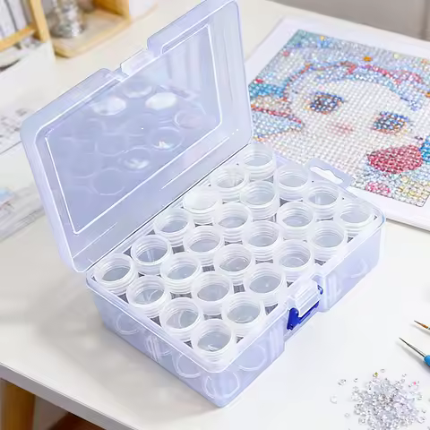Plastic Diamond Painting Storage Box Kit - 24/48/60 Clear Round Jars W/Storage Box, Easy View for Bead Rhinestones Craft Storage