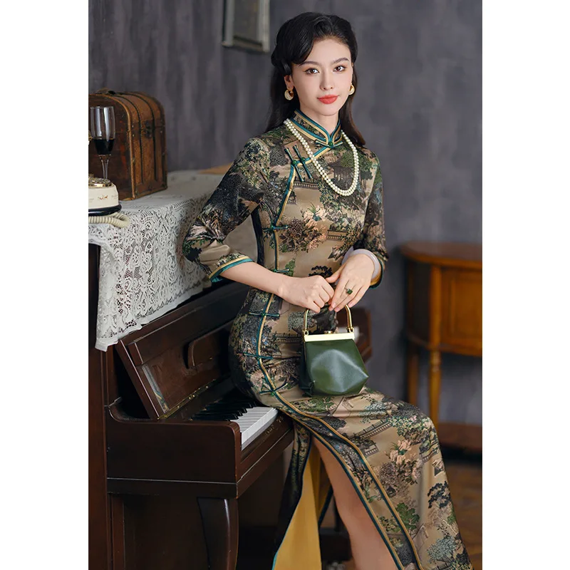 

New Green High Quality Real Silk Dress Improved Cheongsam Qipao Women's Suzhou Silk Cheongsam Qipao Dress Long Spring and Autumn