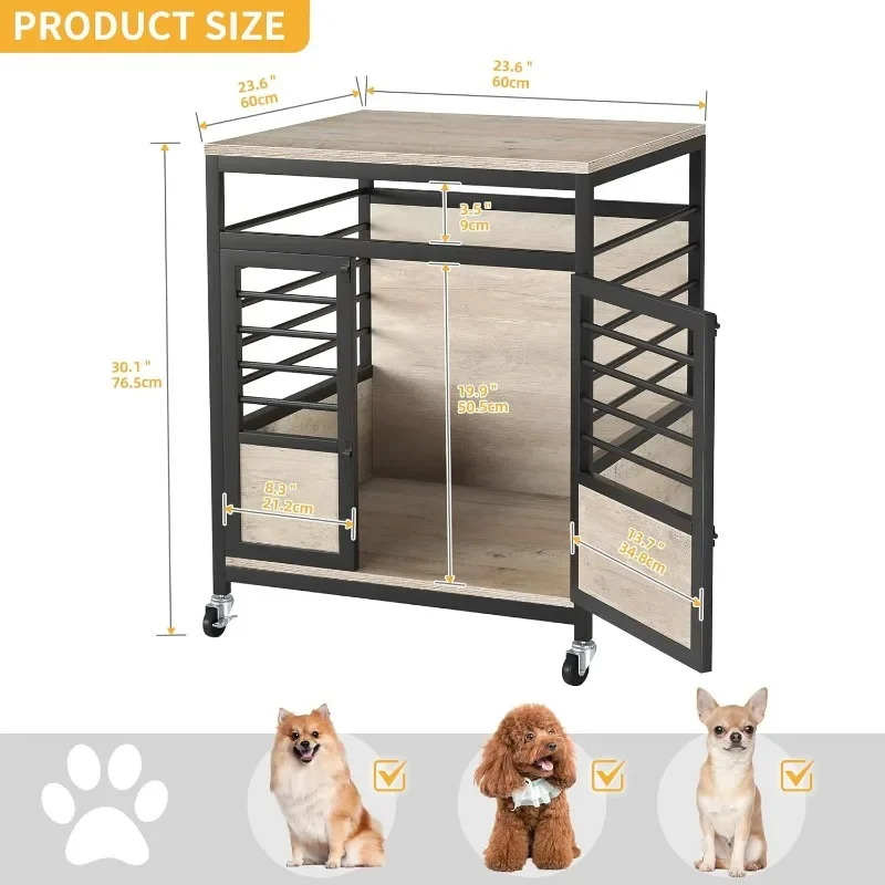 Dog Crate Furniture, 24 Inch Dog Kennel Indoor Furniture Modern Decorative Furniture with Wheels, Chew-Resistant, Greige