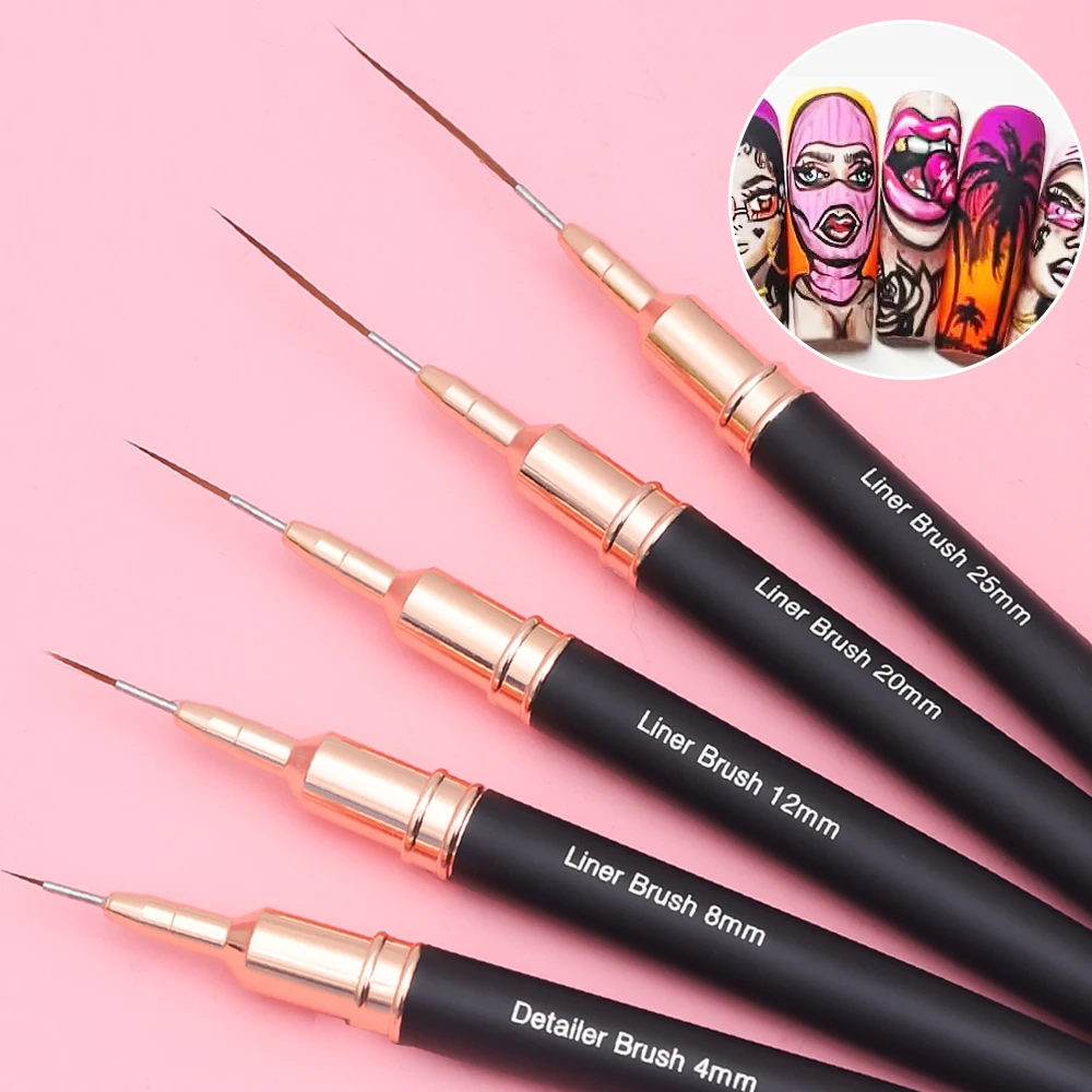 5 stücke schwarze Nail Art Liner Pinsel Set Detailer Streifen Pinsel Blumenmalerei Zeichnung UV Gel Politur Malerei Maniküre Werkzeuge