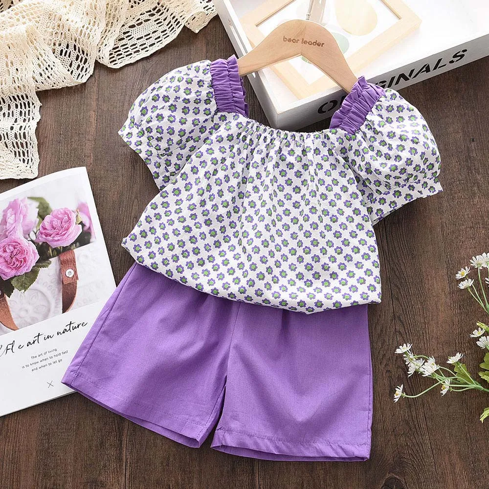 Summer Promotion Flower Print Bubble Sleeve Top+shorts Two-piece Set for Girls' Casual Set for Children Aged 3-4
