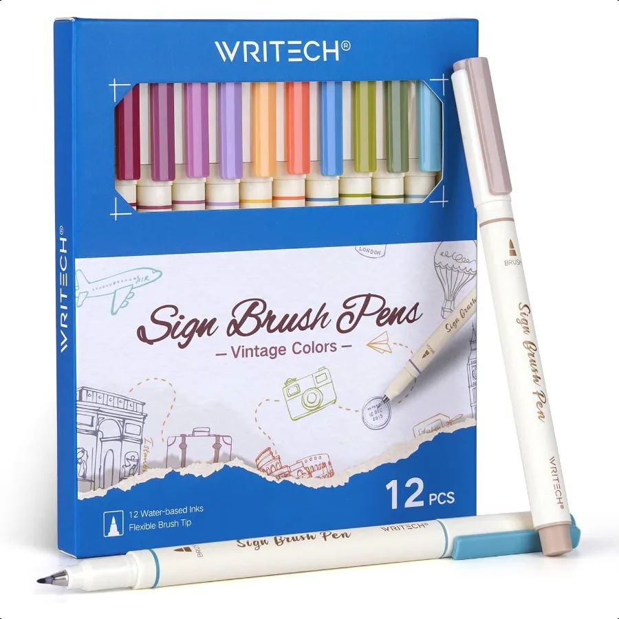 

Arts Sign Brush Pen Brush Tip Marker Felt Tip Water Based Ink Color Pens 12 Assorted Vintage Colors Great for Lettering Journal