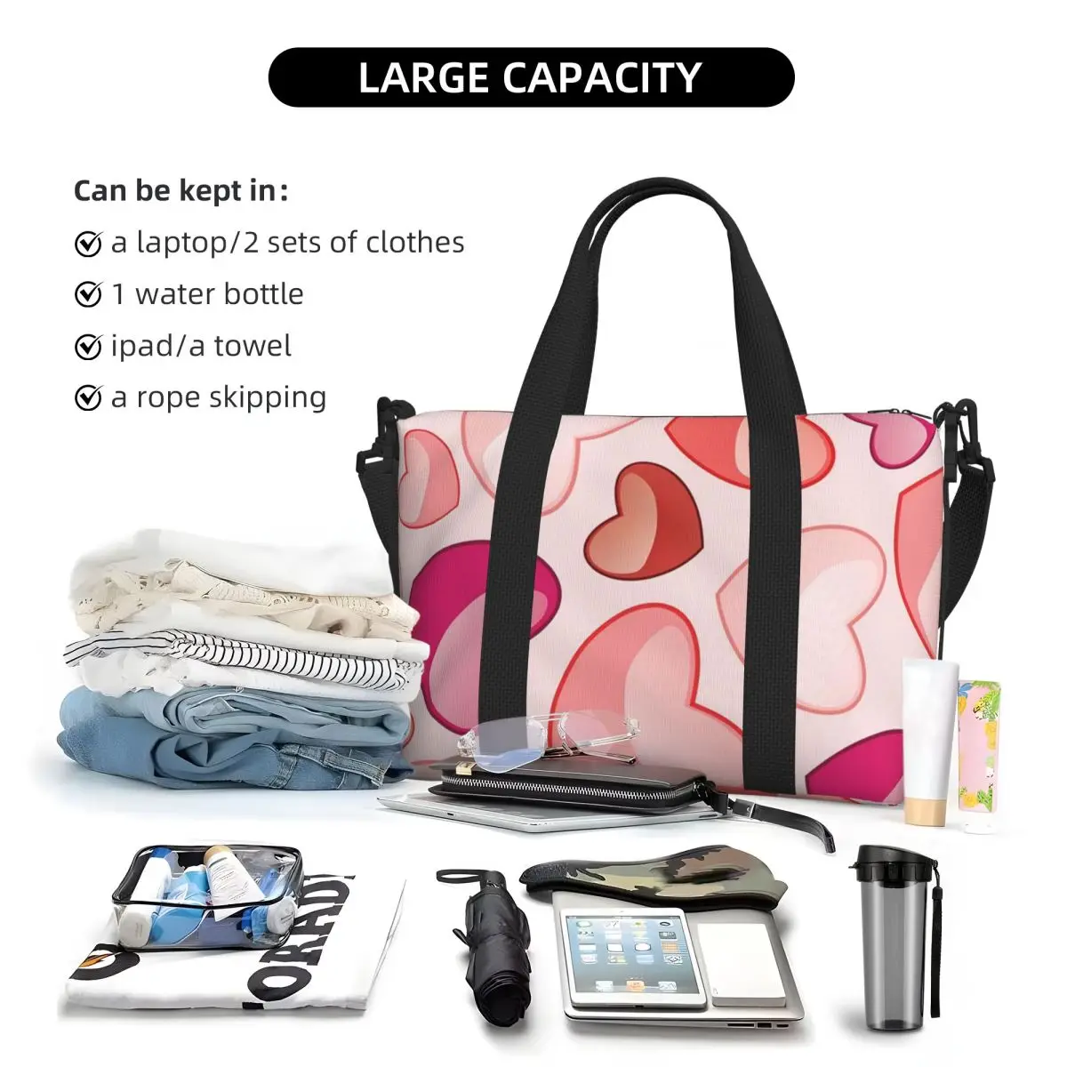 حقيبة سفر محمولة على شكل قلب وردي، حقيبة رياضية ذات سعة كبيرة، حقيبة حمل خفيفة الوزن على الأمتعة حقيبة مدرب حقيبة تخييم