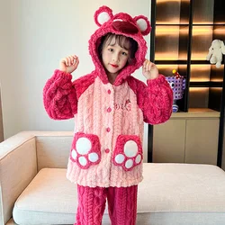 2023 Winter Girls' Pajamas Children's Coral Velvet Plush Thick Flannel Baby Boys' Medium To Large Children's Home Clothes