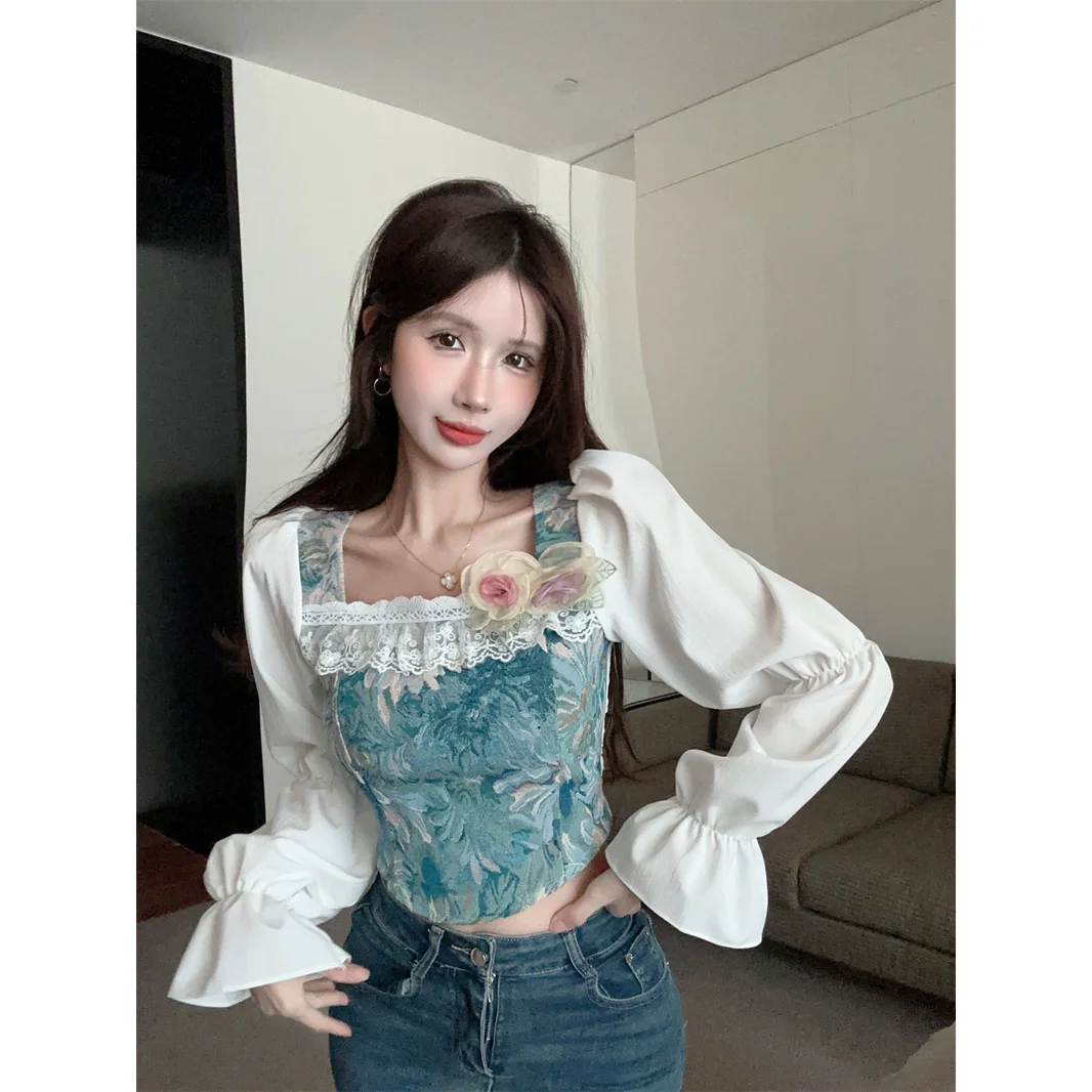 French Vintage Temperament Bishop Sleeve Square Neck Jacquard Weave Women Spring Puff Sleeve Floral Slim Comfortable Short Tops