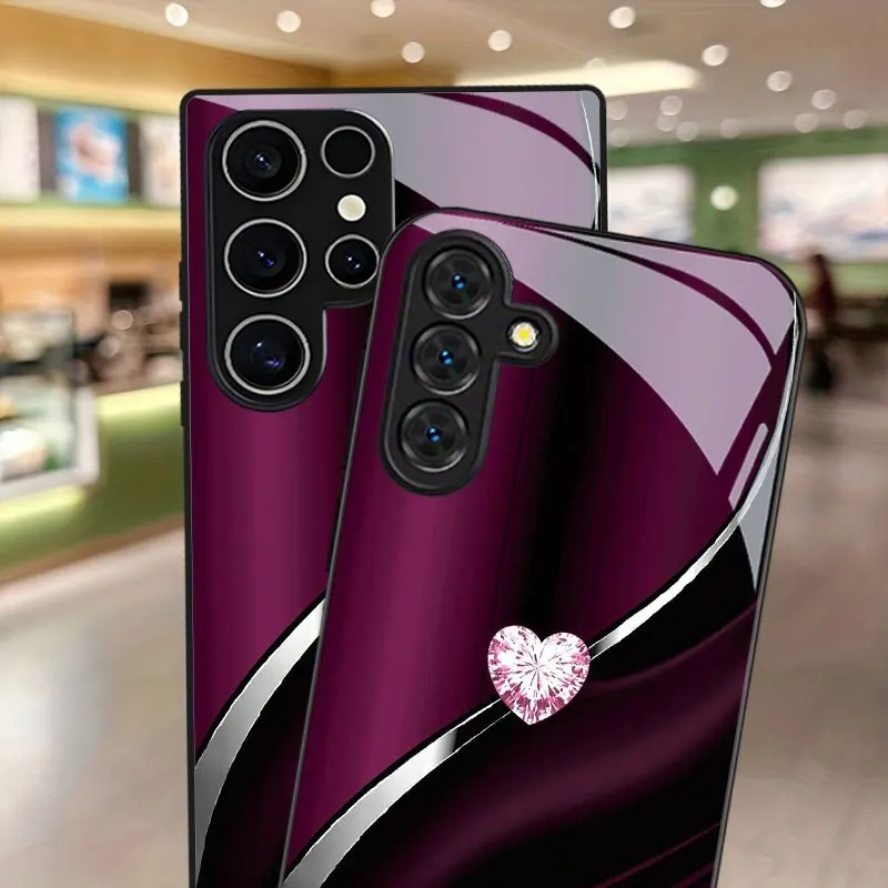 Sparkling heart-shaped design tempered glass phone case for Samsung Galaxy S26 S25 S24 S23 S22 S21 S20 fe/plus/ultra anti drop