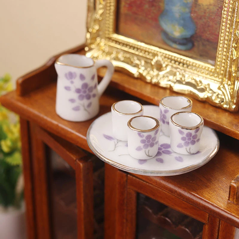 1Set 1:12 Dollhouse Miniature Tea Set Porcelain Tea Mugs Jugs Cups Set with Tray Dining Ware Model Home Decor Toy