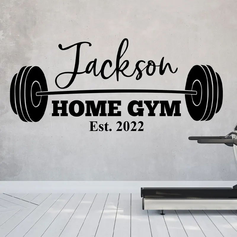 

Custom Family Name Gym Wall Decal- Personalized Home Gym Decor Dumbbell, Weightlifting, Fitness Studio Wall Sticker Murals Q171