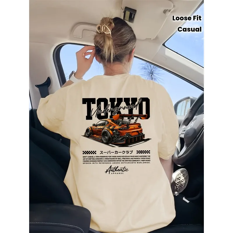 Trendy Women's Tokyo Car Letter Printed Casual T-shirt for All Seasons, New Unisex T-shirt