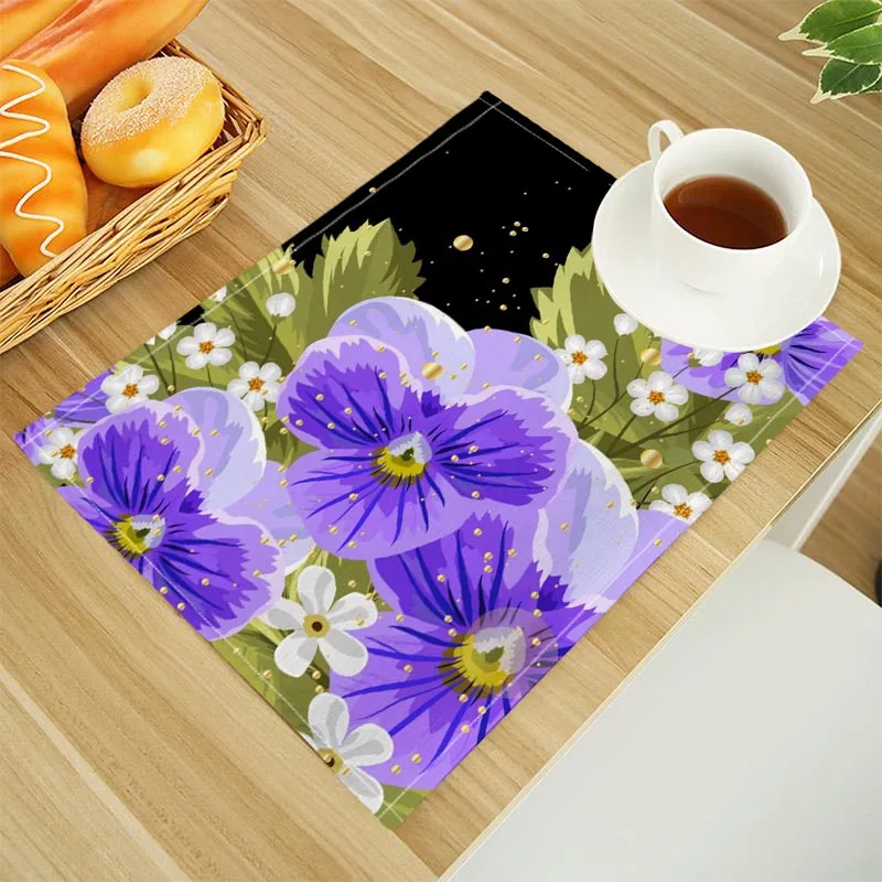 Pansy Print Linen Dining Table Mats Alphabet Kitchen Placemat 30X40cm Coasters Pads Bowl Cup Mat