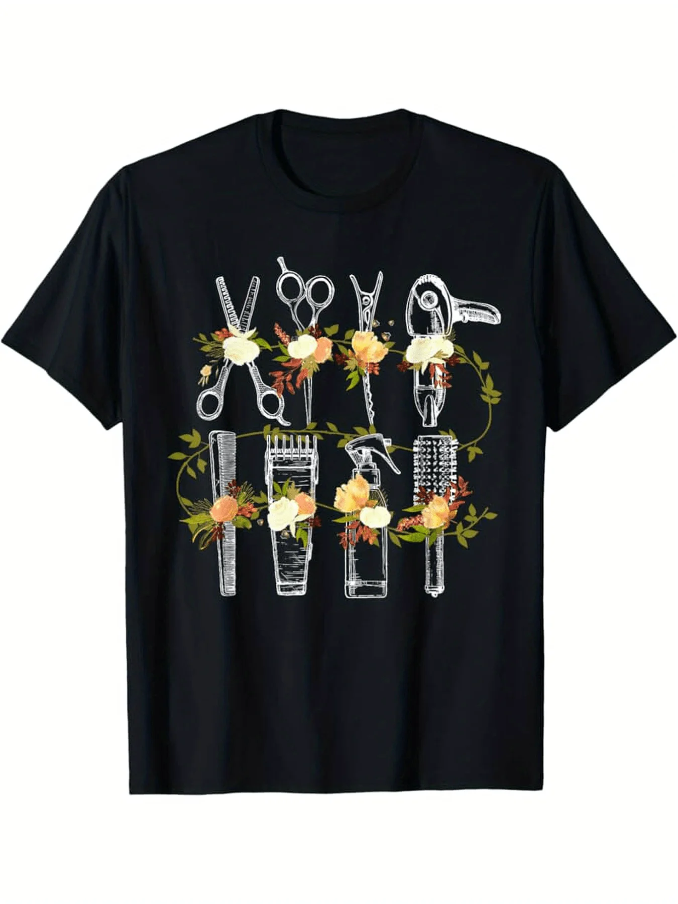 'S Humorous Hair Tools Graphic Tee - Black with Floral Scissors, Thumbs-Up Picker - Gift for Barbers, Salon Wear - Washable Casu