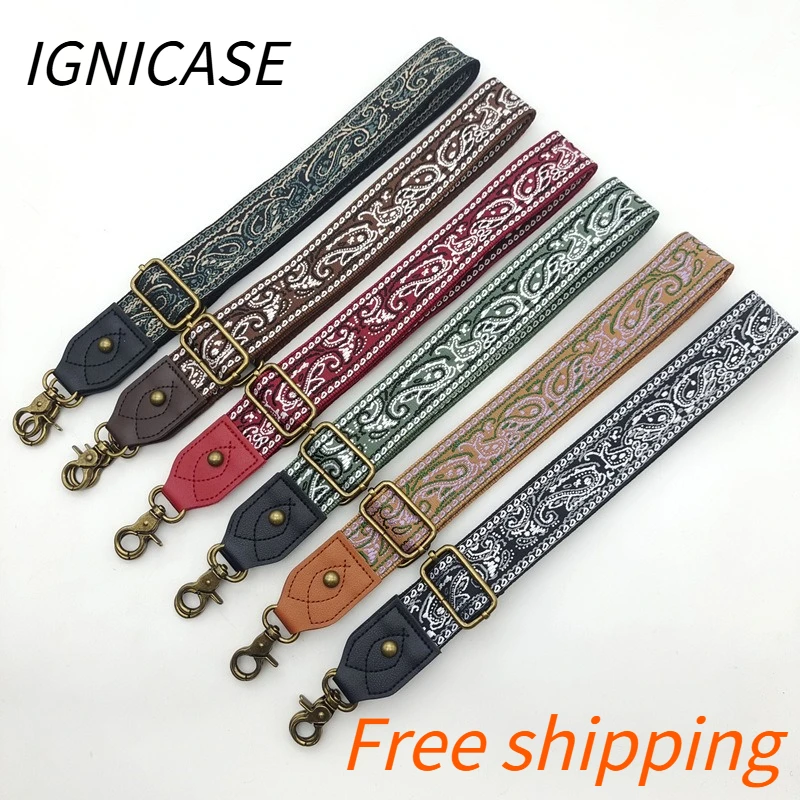 IGNICASE Embroidery Ethnic Style Shoulder Strap PU Leather Splicing Bag Strap Adjustable Replacement Shoulder Bag Accessories