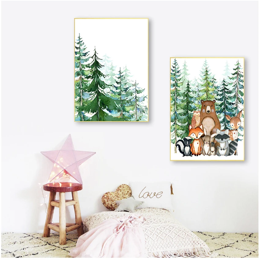 Painting Fox Deer Bear Wall Picture Kids Room Decor Woodland Animal Print Nursery Wall Art Painting Nordic Poster Cartoon Canvas