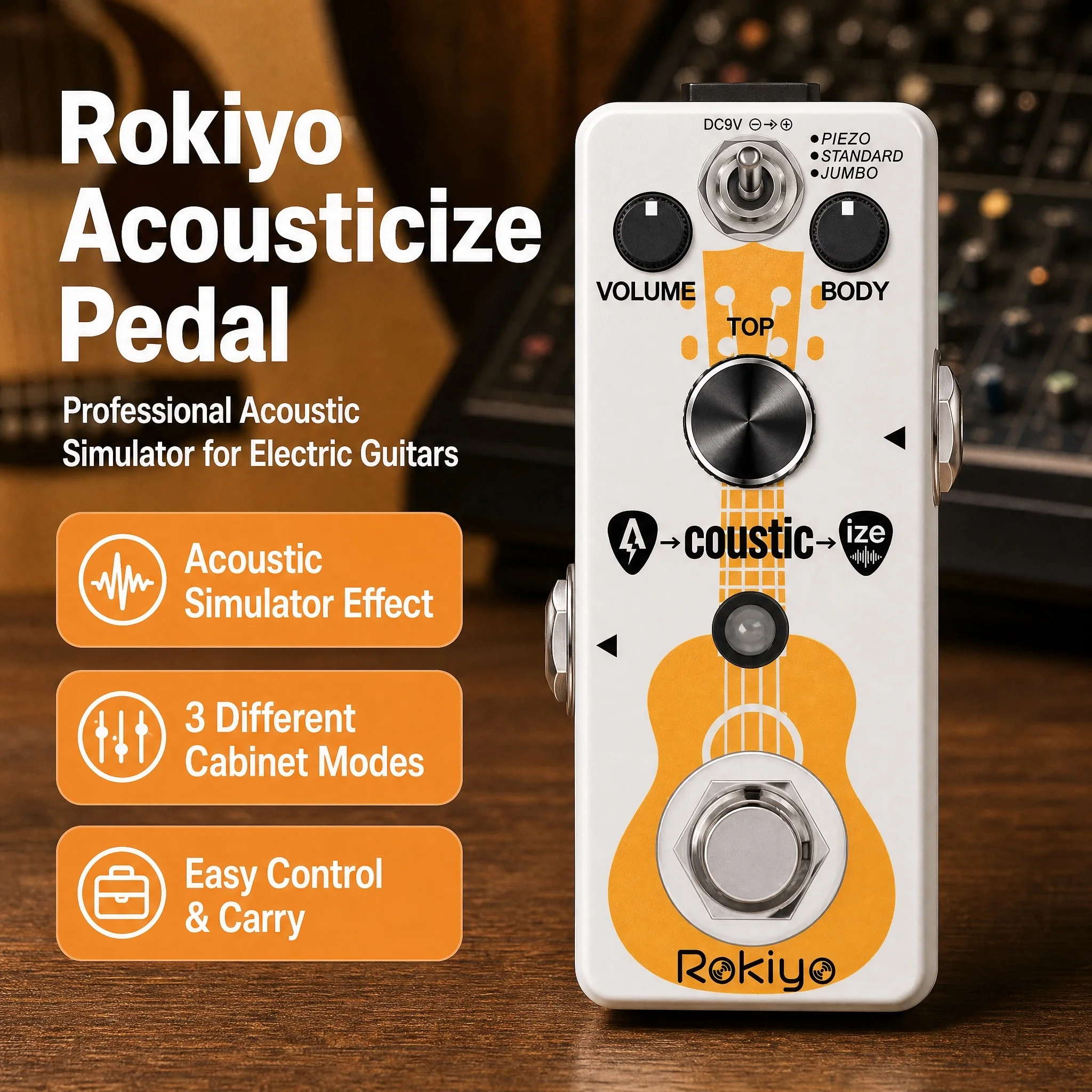 Rokiyo Acousticize Acoustic Simulator Guitar Pedal Piezo/Standard/Jumbo Synthesizer True Bypass Compact AC Stage Stompbox