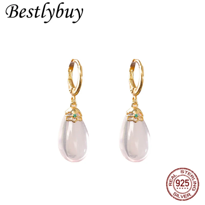 

Natural Pink Crystal S925 Silver Plated Gold Droplet Shaped Unique Design Earrings With Feminine Temperament Light Luxury Gift