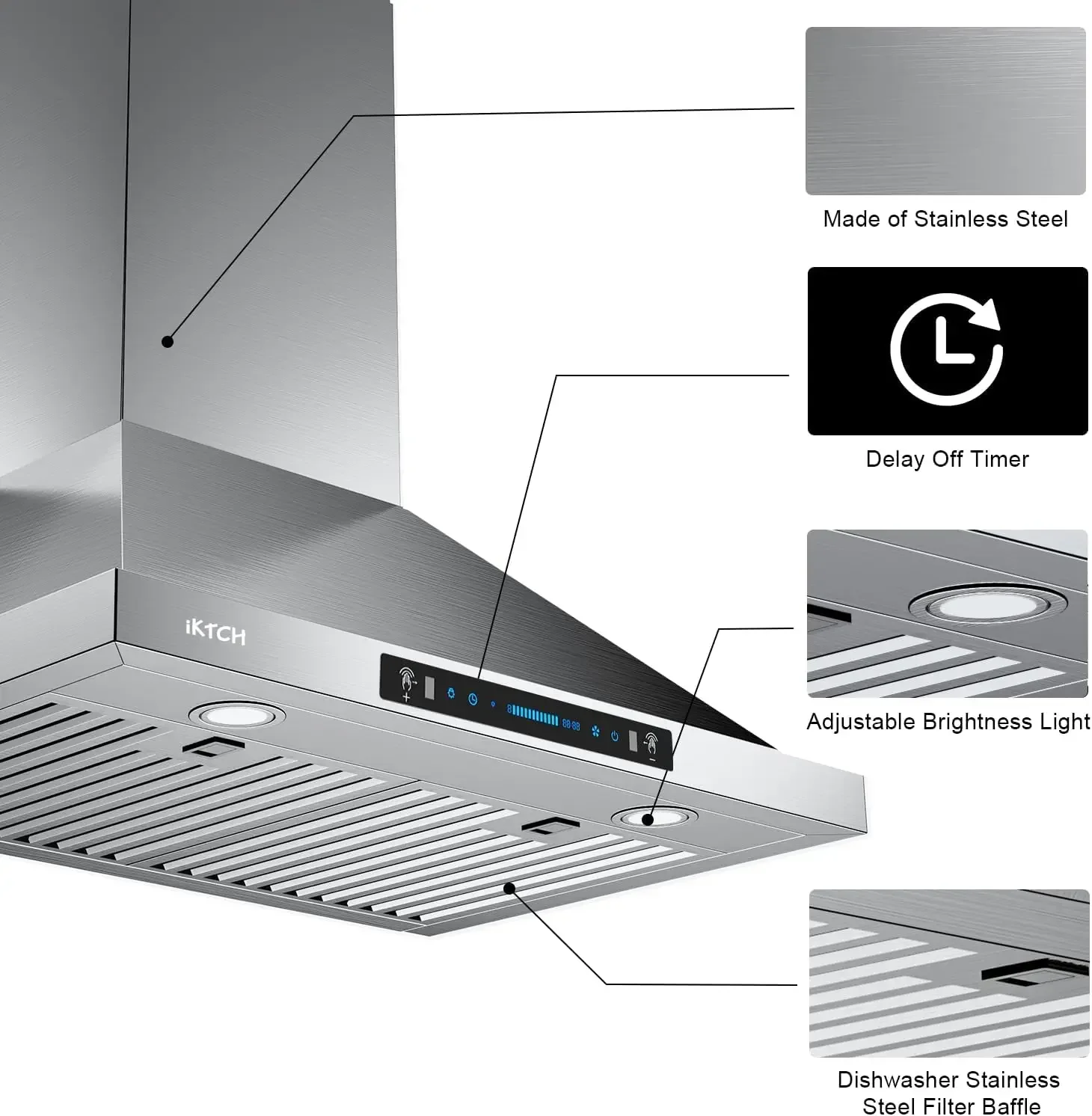 IKTCH 30 นิ้ว Wall Mount Range Hood 900 CFM Ducted/Ductless เปิดประทุน, ห้องครัว Chimney Vent สแตนเลส