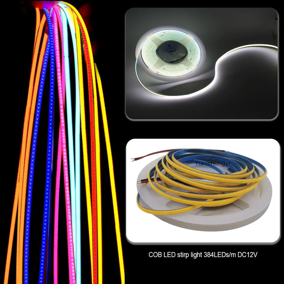 3mm Ultra Thin DC 12V Colorful COB LED Strip Lights 384LEDs/m for Home Decor Car DIY FPV Blue/Pink/Red High Density LED Tape