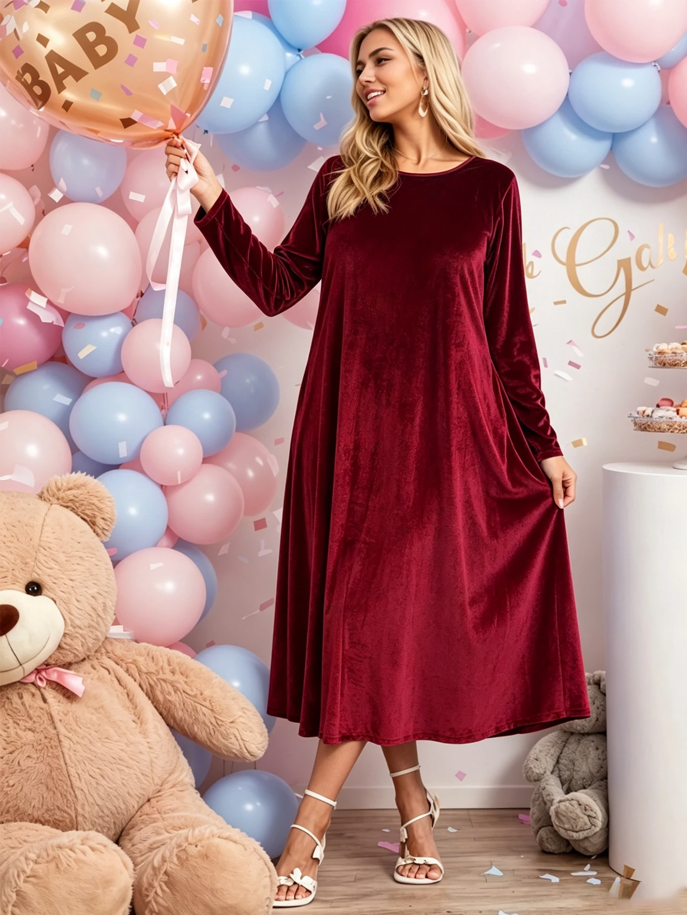 Maternity Autumn Winter Golden Velvet Pocket Long Sleeve Dress Formal Party Gala Long Dress Burgundy Maternity
