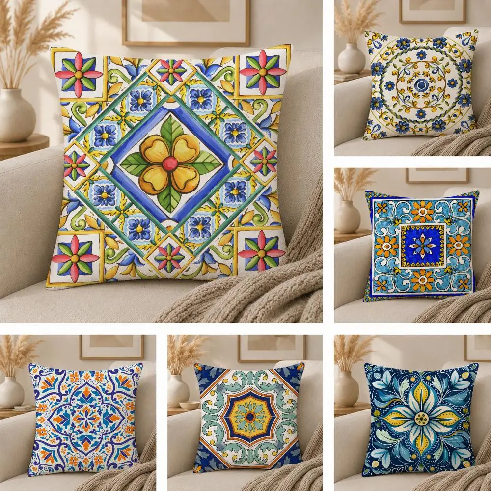 European Painted Tile Pattern Gift For Vintage Home Cushion Cover Skin-Soft Pillow Cover Festive Home Accent Sofa Bed
