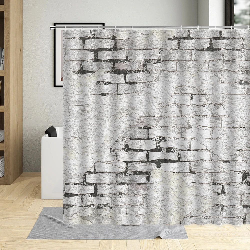 Stone Brick Wall Bathroom Shower Curtain Fabric Waterproof Garden Background Screens Decor Scree with 12 Hooks Bath Curtains