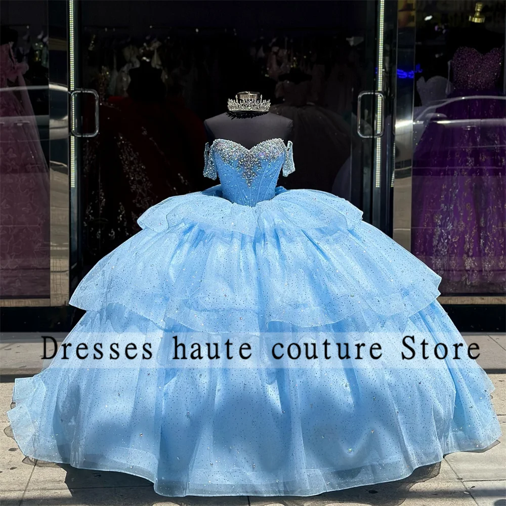 Vestidos De Quinceañera con apliques De cristales De tul azul cielo, volantes De lazo escalonado, vestido De baile De 16 cumpleaños, 15 Quinceañera, 2024