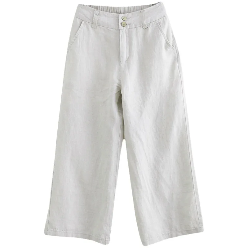 2025 Summer New Literary Loose Solid Color Cotton and Linen Elastic Waist Straight Pants Trousers Women's Casual Pants