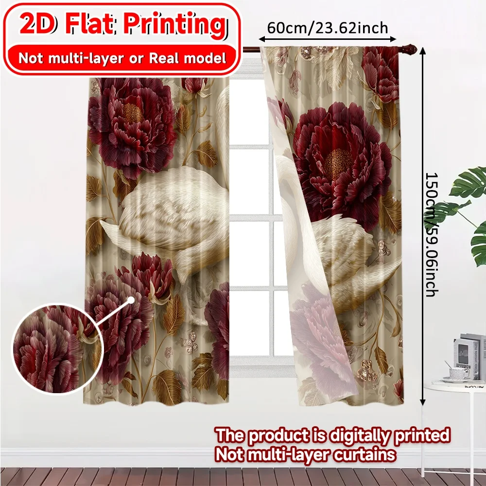 2D Flat Printing,2pcs Elegant Swans Minimalist Chic Curtains Machine Washable Fabric Curtains Home Decor Ldeal for Bedroom &