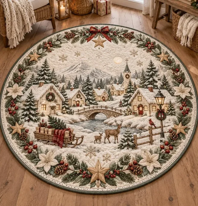 Winter Wonderland Village Round Rug 3D, Reindeer Christmas Town Area Rug, Rustic Snowy Cottage Floor Mat, Xmas Decor Gift