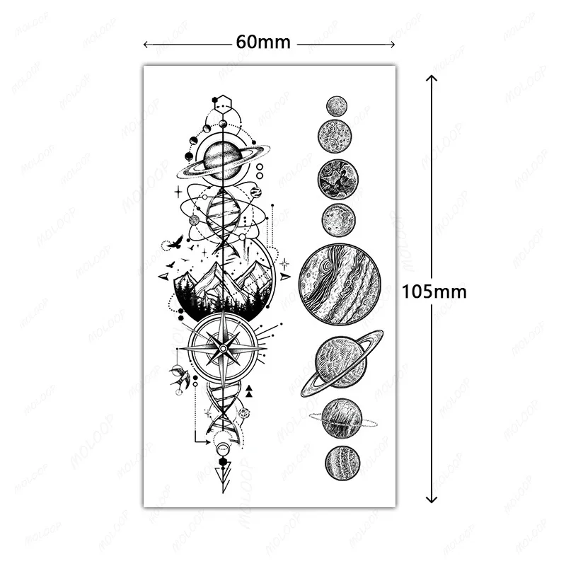 Tattoo Sticker Planet Moon Compass Temporary Waterproof  Flash Makeup Hand Arm Neck Fake Fake Body Art for Men Women