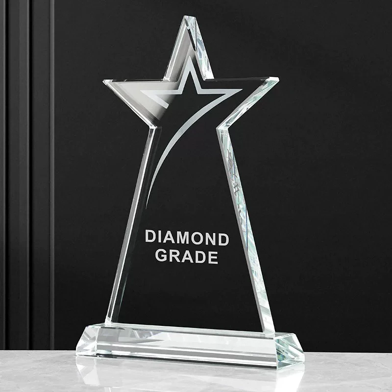 Custom Engraved Star Crystal Trophy Award Personalized Text Logo Clear Glass Plaque Corporate Sports Competition Prize Souvenir