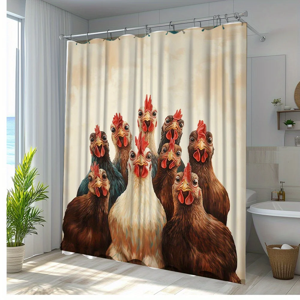 Cute Roosters Group Family Pattern Shower Curtain Waterproof Funny Bathroom Novelty Decor Farm Life Chicken Poultry Curtains