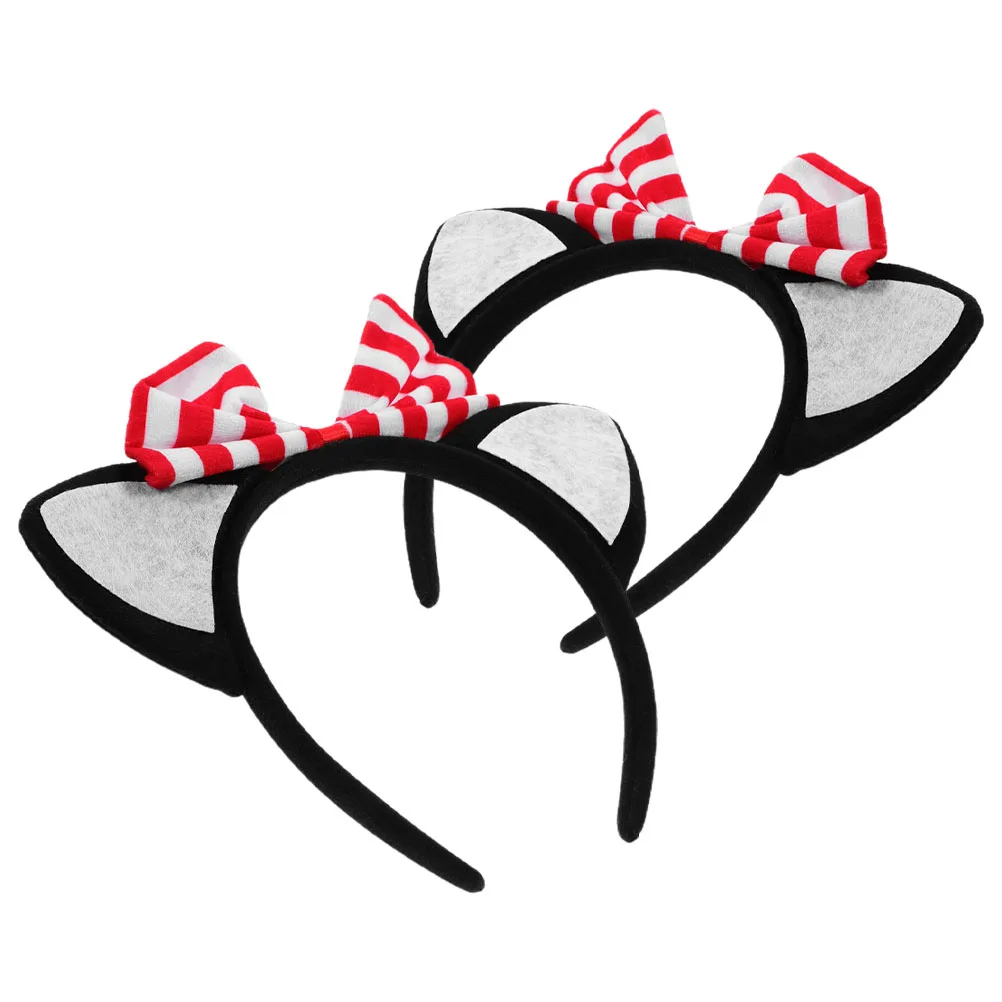 

2 Pcs Cat Ears Headband Striped Bowknot Hair Accessories for Women Kids Cosplay Party Costume Adorable Animal Headdress Ear