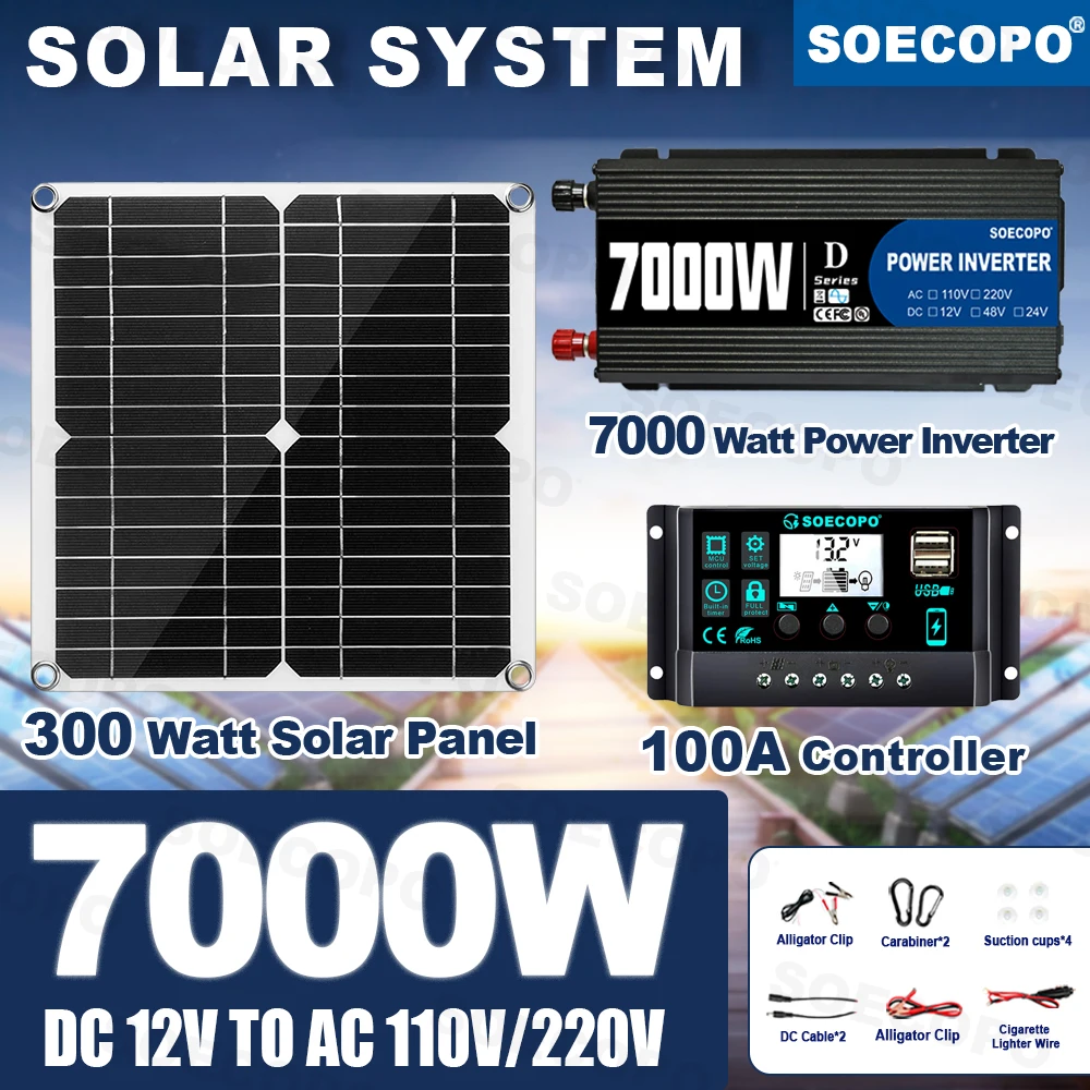 

SOECOPO Durable 7000W Continuous High-Power Solar System 300W Panel 100A 110V/220V Inverter for Portable AC Picnic garden car