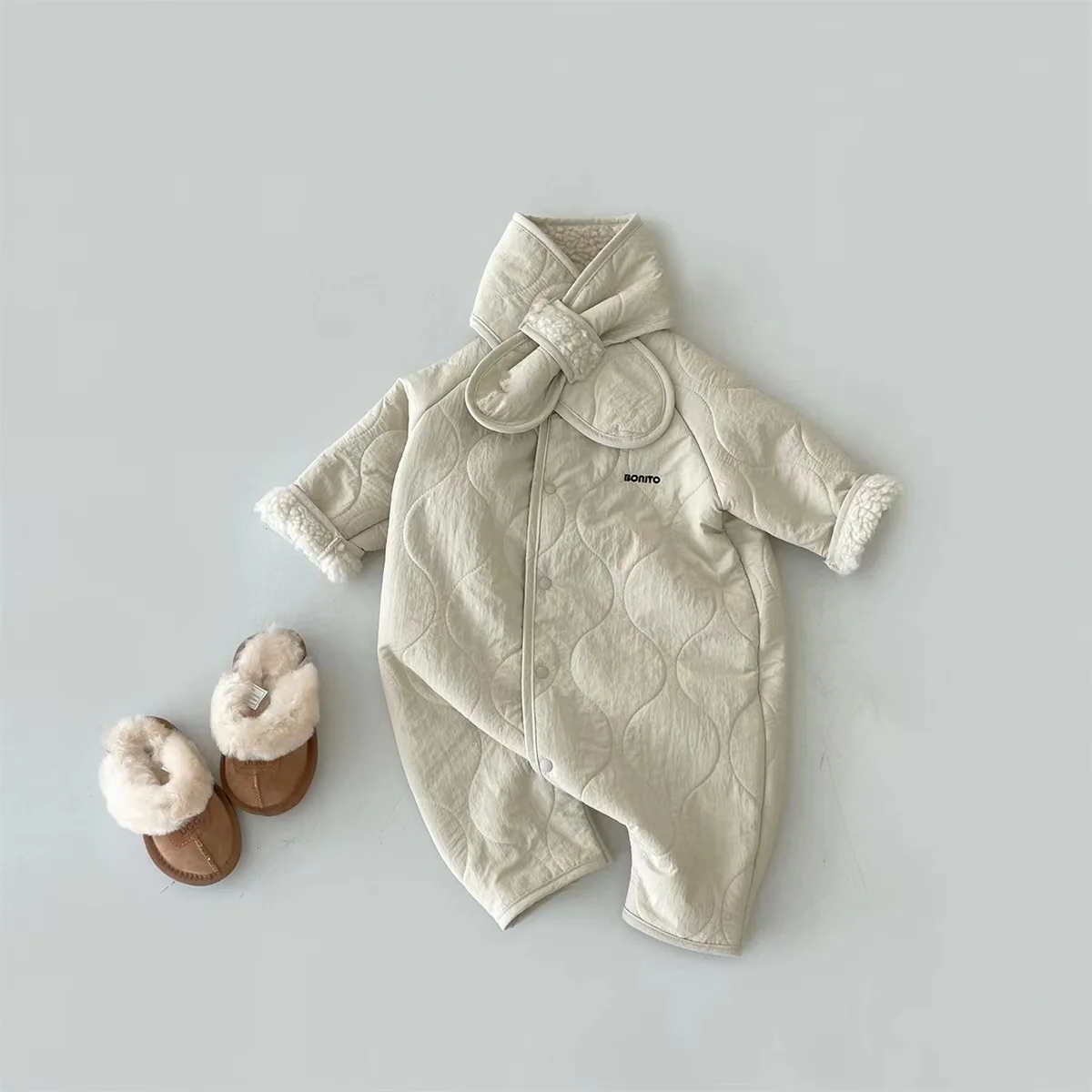 Conjunto de macacão e cachecol de lã de cordeiro bebê, roupa infantil, macacão recém-nascido, roupas infantis de menino e menina, terno coreano,