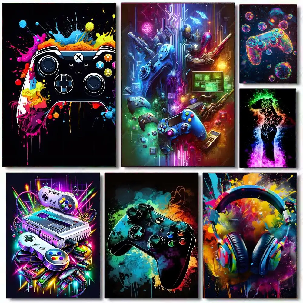 Watercolor Neon Video Game Poster HD PVC Self Adhesive Wall Art - Waterproof Reusable For Home Office Cafe