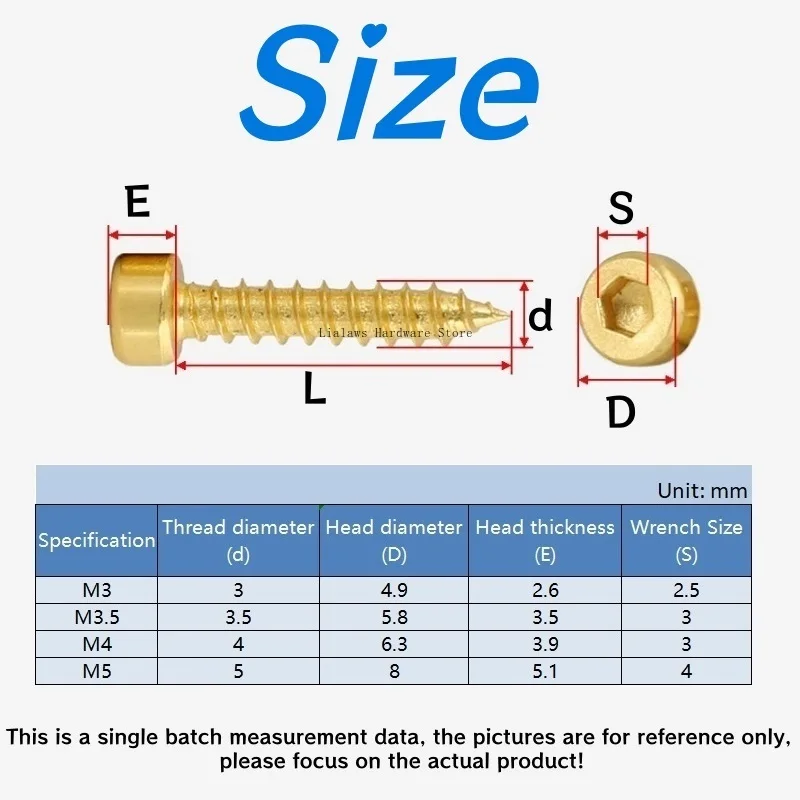 M3 M3.5 M4M5 Golden Allen Hex Hexagon Socket Cap Head Wood Self-tapping Screw Grade 8.8 Steel for Fixing Audio Speakers/Speakers