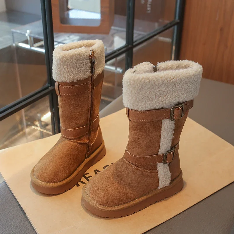 Kids Vintage Buckle Strap Faux Fur Mid-Calf Snow Boots, Children Retro Warm Winter Boots Side Zipper, Fleece Lined Toddler Boots