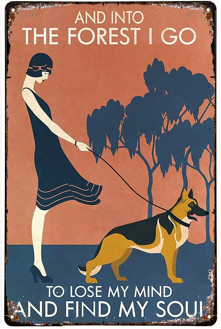 Vintage Girl Into the Forest German Shepherd Metal Tin Sign, Farm Signage, Farmhouse, Ranch Plaque, Rustic Decoration
