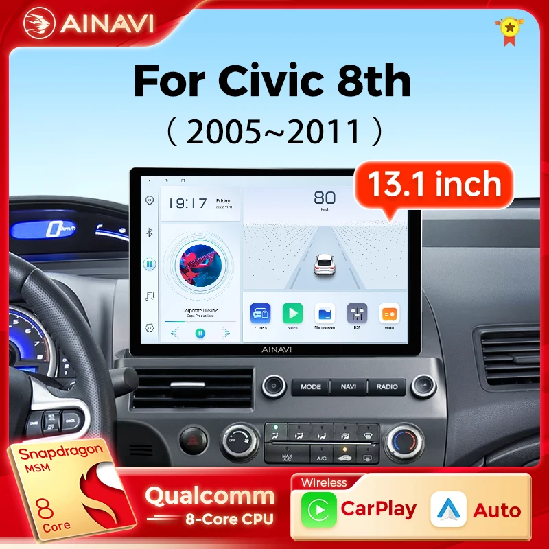 

Ainavi 13.1 inch For Civic 8th gen 2005 2006 2007 2008 2009 2010 2011 Car Radio Wireless Carplay Android Auto 4G Multimedia Wifi