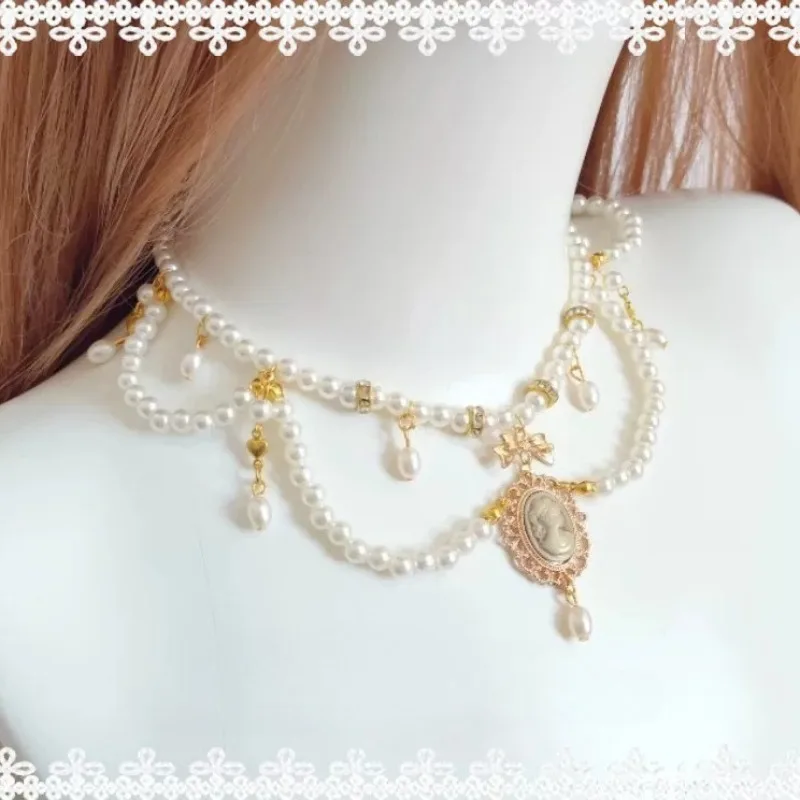 Vintage Baroque Layered White Pearl Choker Original Handmade Lolita Necklace Elegant Tea Party Pendant Jewelry Gifts for Womne