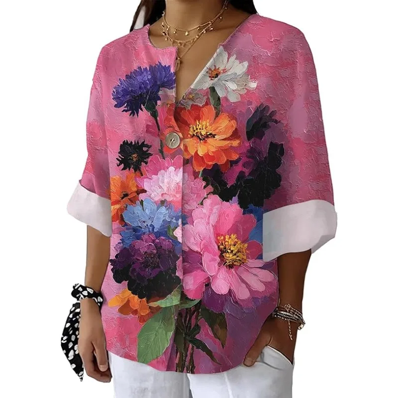 

Women's Long Sleeve Boho Shirt Button V-Neck Vintage Floral Top Women's Shirt Dressy Casual Patterned Shirt All Season 2025