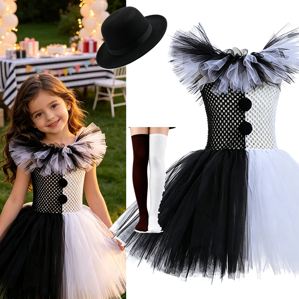 Halloween Costumes Clown Costume Kids Black and White Tutu Dress for Girls Birthday Gifts