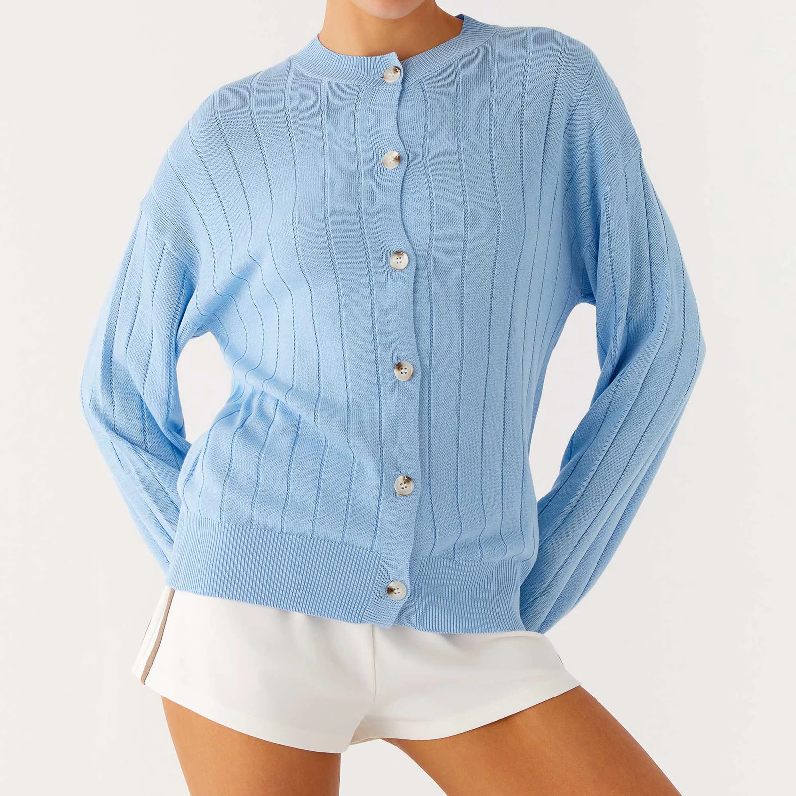 سترة نسائية أنيقة متماسكة بأكمام طويلة وأزرار للإغلاق، سترة كاجوال للخريف للاستخدام اليومي