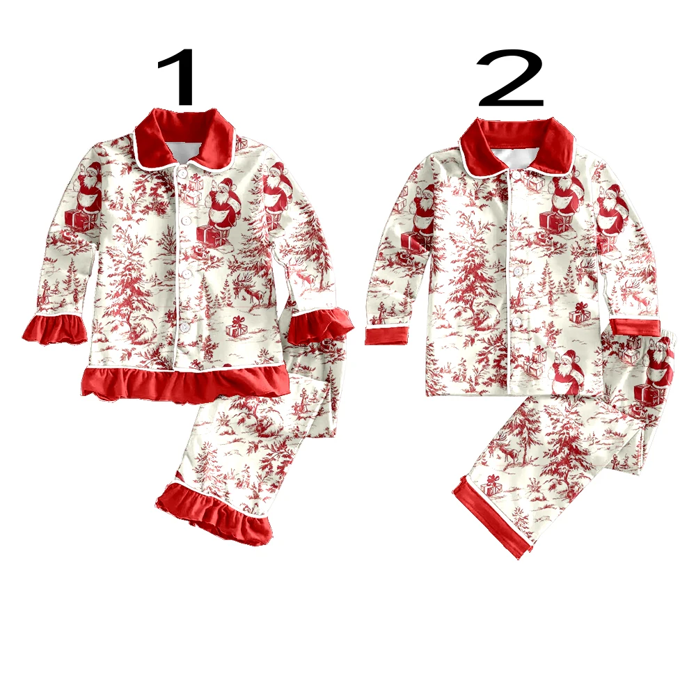 Fashion Casual Frill Long Sleeve Christmas Santa Claus Print Child Milk Silk Pajamas Boys Girls Sleepwear 2 Set